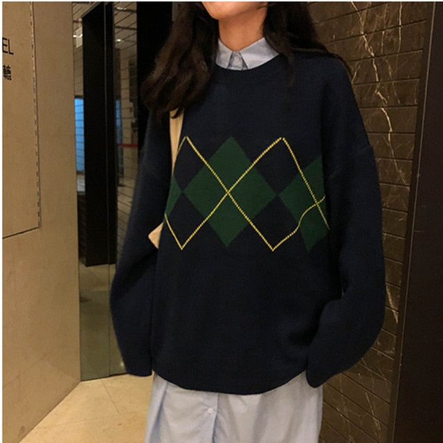 Koreanische College-Stil geometrische Muster Argyle Pullover