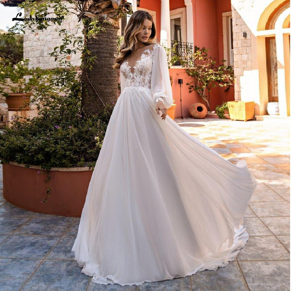 2022 SoDigne Bohemian Wedding Kleid Einfache Puff Long Sleeves Spitze Appliques V-Ausschnitt  Hochzeit Kleider Boho Braut Klei