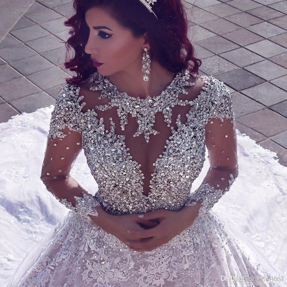 Dubai arabischen Luxus funkelnde Brautkleider Bling Perlen Ball Kleid Enbeding Illusion