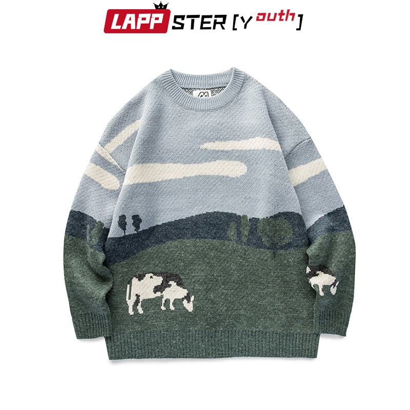 LAPPSTER- Kühe Vintage   Pullover  O-Ausschnitt Koreanische Mode Casual