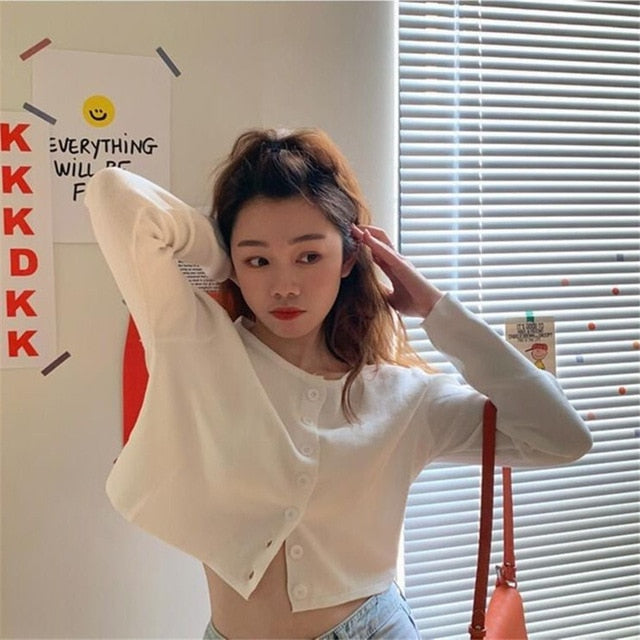 Korean Style O-neck Short Knitted Sweaters Women Thin Cardigan Fashion  Sleeve Sun Protection Crop Top Ropa Mujer tif shop 24.de