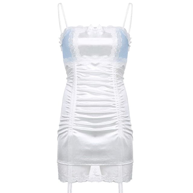 Ruched Bow Lace Frill Mini Dress
