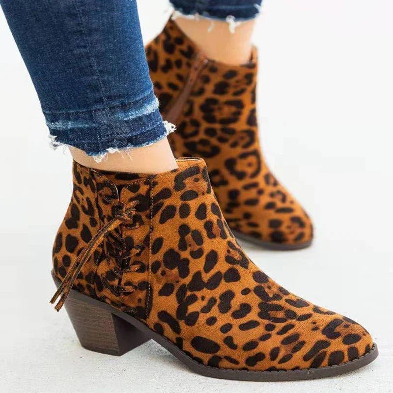 Stiefeletten mit Krokodilmuster, spitze Zehen, Leopardenmuster, klobige Schuhe mit Blockabsatz | tif-shop24.de