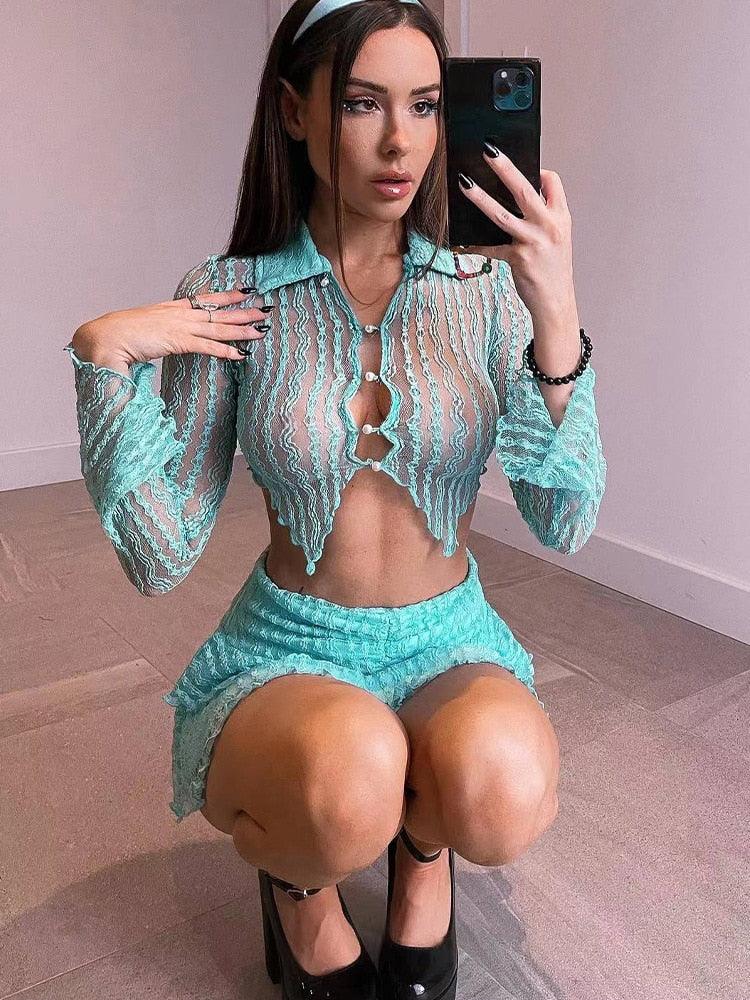 Cryptographic Y2K See Through Sexy Top and Skirt 2 Piece Sets for Women Outfits Button Up Lace Matching Sets Club Party Clothes | tif-shop24.de