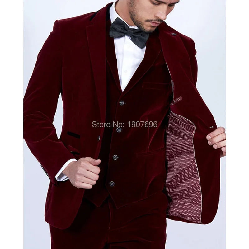 Burgund Samt  Anzüge Slim Fit für Hochzeit 3 Teilige Prom  Smoking  mit Hosen weste | tif-shop24.de