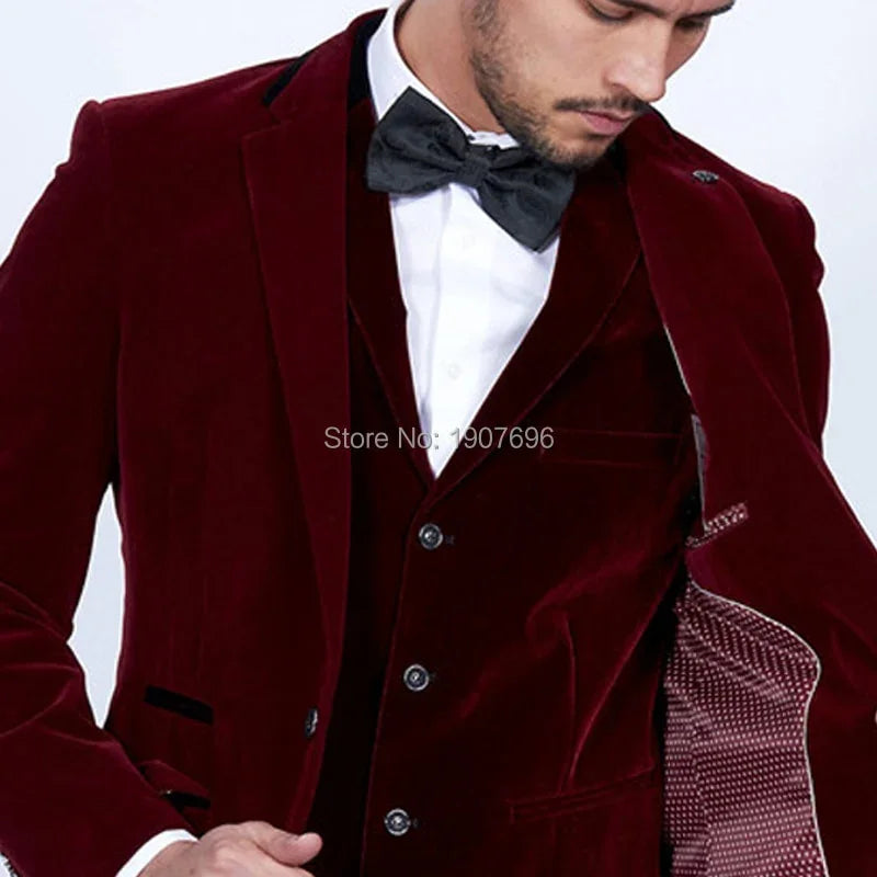 Burgund Samt  Anzüge Slim Fit für Hochzeit 3 Teilige Prom  Smoking  mit Hosen weste | tif-shop24.de