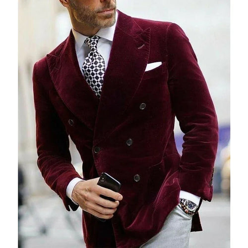 Burgunder Zweireihiger Samt Herren Blazer Eleganter Single Coat | tif-shop24.de