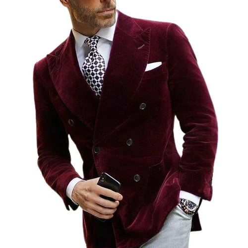 Burgunder Zweireihiger Samt Herren Blazer Eleganter Single Coat | tif-shop24.de
