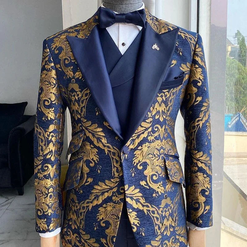 Jacquard Floral Smoking Anzüge für Hochzeit Slim Fit Navy Blau und Gold Gentleman Jacke mit Weste Hose 3 Teilige Kostüm | tif-shop24.de