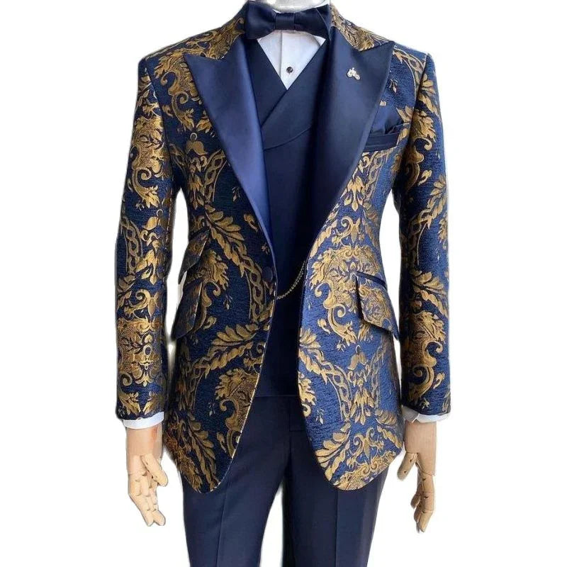 Jacquard Floral Smoking Anzüge für Hochzeit Slim Fit Navy Blau und Gold Gentleman Jacke mit Weste Hose 3 Teilige Kostüm - tif-shop24.de