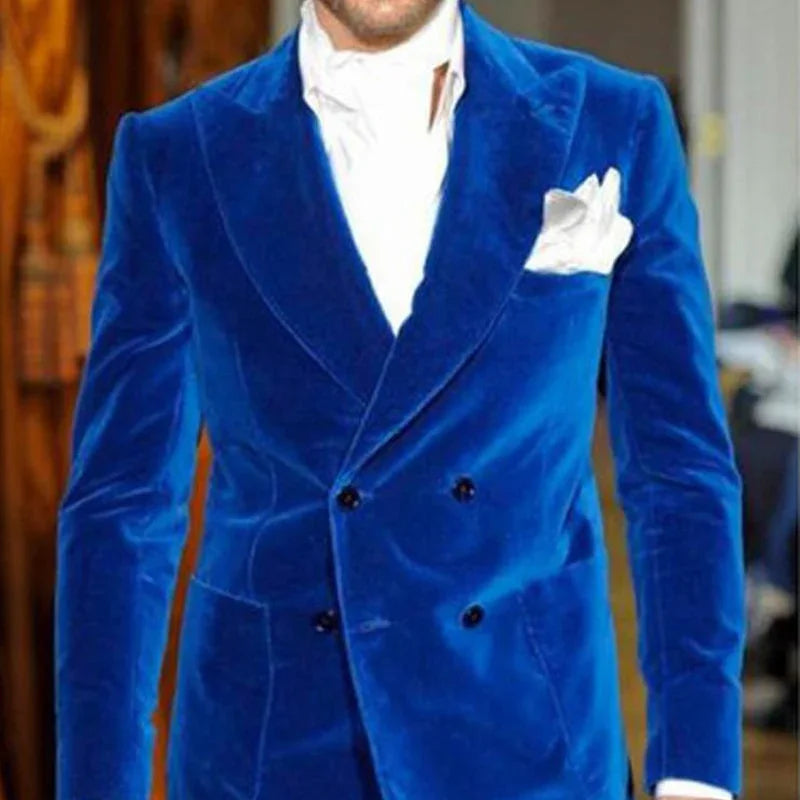 Königsblau  Velvet Slim Fit Anzüge mit zweireihigem Abschlussball Revers Maßgeschneiderter Smoking Neuester Stil | tif-shop24.de