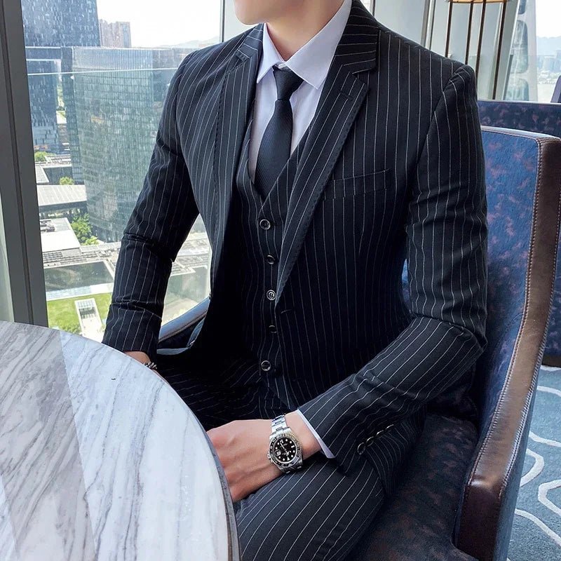 Neue Britischen  Frühling Gestreiften Anzug Drei teilig Dünnen Art Und Weise Hochzeit Bankett Bühne Kleid Casual Business Plus Größe Anzug 5XL | tif-shop24.de