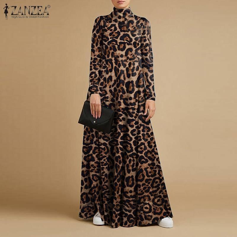 ZANZEA Casual Rollkragen Volle Hülse Vestidos Stilvolle Leopard Gedruckt Lange Kleider Baggy Vintage Elegante Robe | tif-shop24.de
