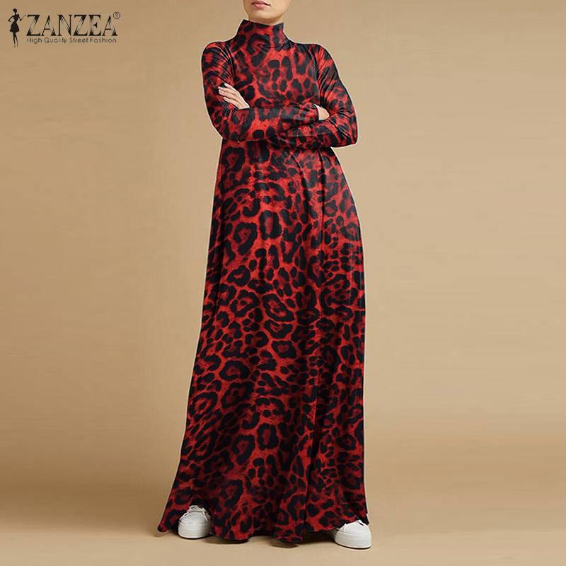 ZANZEA Casual Rollkragen Volle Hülse Vestidos Stilvolle Leopard Gedruckt Lange Kleider Baggy Vintage Elegante Robe - tif-shop24.de