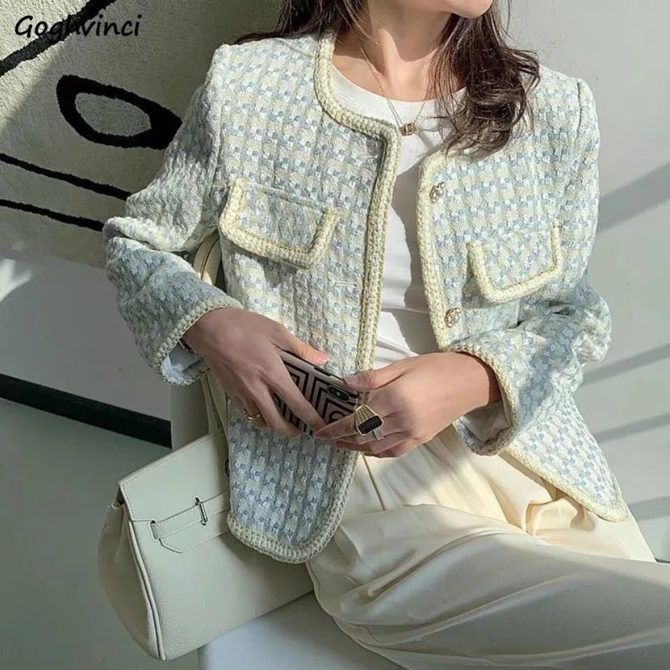 Basic Jacken Elegante Damen Französischer Stil Zart Hahnentritt Einreiher Mujer Kleidung O-Ausschnitt Charmant - tif-shop24.de