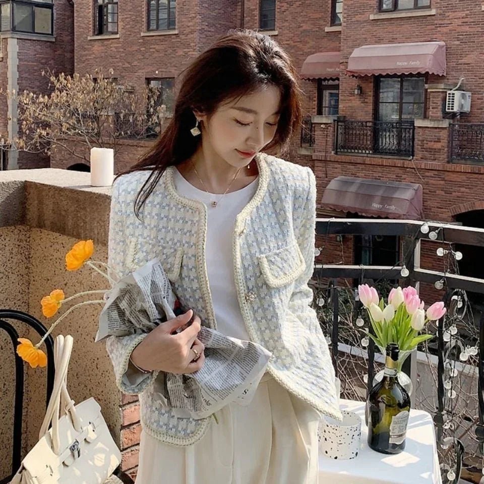 Basic Jacken Elegante Damen Französischer Stil Zart Hahnentritt Einreiher Mujer Kleidung O-Ausschnitt Charmant | tif-shop24.de