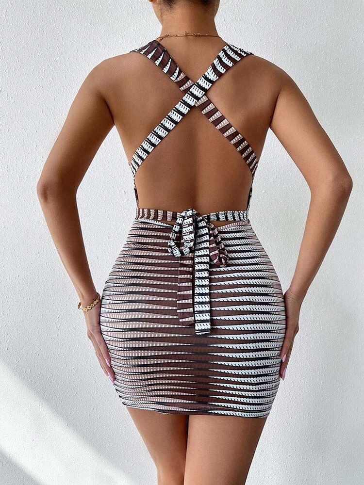 Sommer Bodycon Gestreiftes Kleid – Tiefes V, Rückenfrei, Ärmellos, Sexy Partykleid | tif-shop24.de