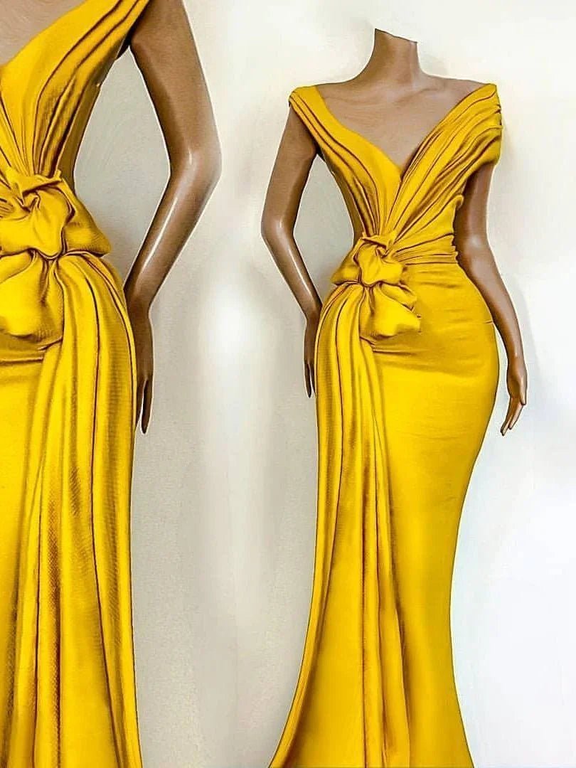Stunning Gelb Abendkleider Falten Knoted Meerjungfrau Weg Von der Schulter Formale Partei Promi Kleider | tif-shop24.de