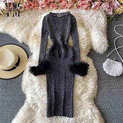 YornMona Glänzendes Gestricktes Pullover Kleid Sexy Aushöhlen V-Ausschnitt Figurbetontes Kleid Rotes Weihnachtsfest Kleid | tif-shop24.de