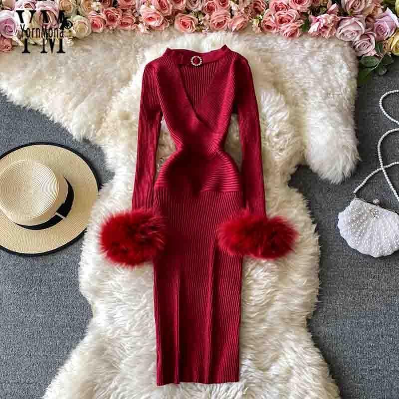 YornMona Glänzendes Gestricktes Pullover Kleid Sexy Aushöhlen V-Ausschnitt Figurbetontes Kleid Rotes Weihnachtsfest Kleid | tif-shop24.de