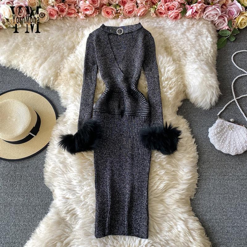 YornMona Glänzendes Gestricktes Pullover Kleid Sexy Aushöhlen V-Ausschnitt Figurbetontes Kleid Rotes Weihnachtsfest Kleid | tif-shop24.de