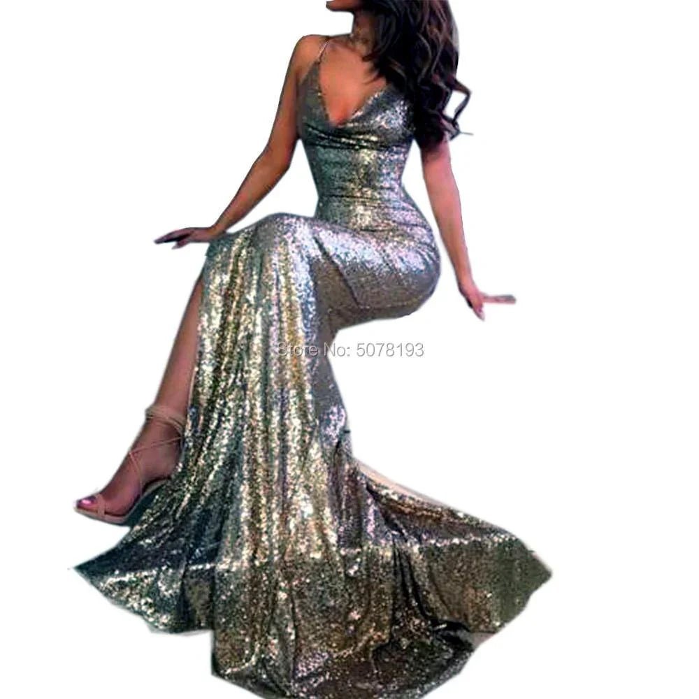 Spaghettiträger mit V-Ausschnitt, natürliche Meerjungfrau/Trompete, bodenlang, Pailletten, lange Abendkleider/formelle Kleider | tif-shop24.de