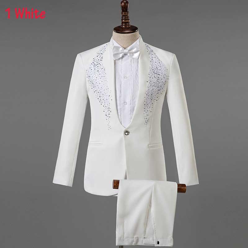 Weiß Sparkly Kristalle Stickerei Anzüge Mit Hosen Hochzeit Bräutigam Smoking Anzug Stehen Kragen Bühne Kostüm Homme Mariage | tif-shop24.de