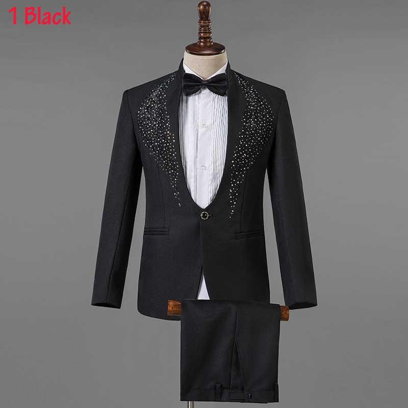 Weiß Sparkly Kristalle Stickerei Anzüge Mit Hosen Hochzeit Bräutigam Smoking Anzug Stehen Kragen Bühne Kostüm Homme Mariage | tif-shop24.de