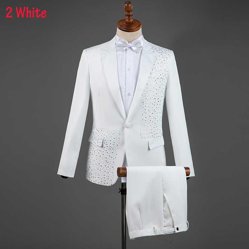 Weiß Sparkly Kristalle Stickerei Anzüge Mit Hosen Hochzeit Bräutigam Smoking Anzug Stehen Kragen Bühne Kostüm Homme Mariage | tif-shop24.de