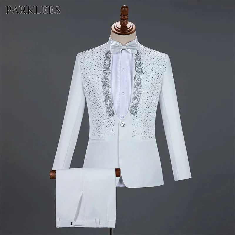 Weiß Sparkly Kristalle Stickerei Anzüge Mit Hosen Hochzeit Bräutigam Smoking Anzug Stehen Kragen Bühne Kostüm Homme Mariage - tif-shop24.de