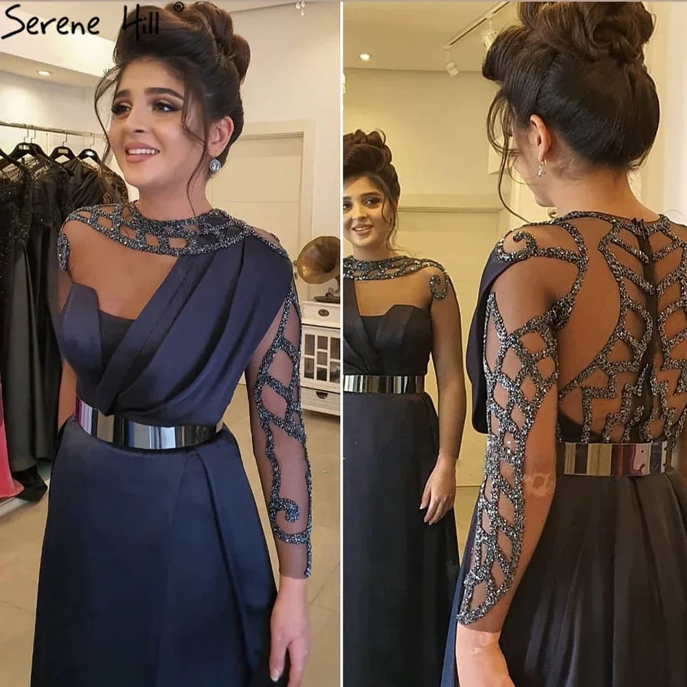 Ruhigen Hill Navy Blau Satin A-Line Abendkleider Perlen Schärpen  LA71138 | tif-shop24.de