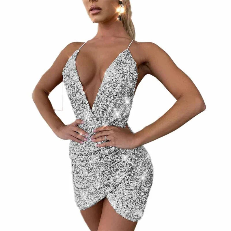 Damen Formale Abend Party Sexy Club Backless Kurze Kleider Vestidos Frauen Goldene Pailletten Bodycon Tiefem v-ausschnitt Kleid | tif-shop24.de