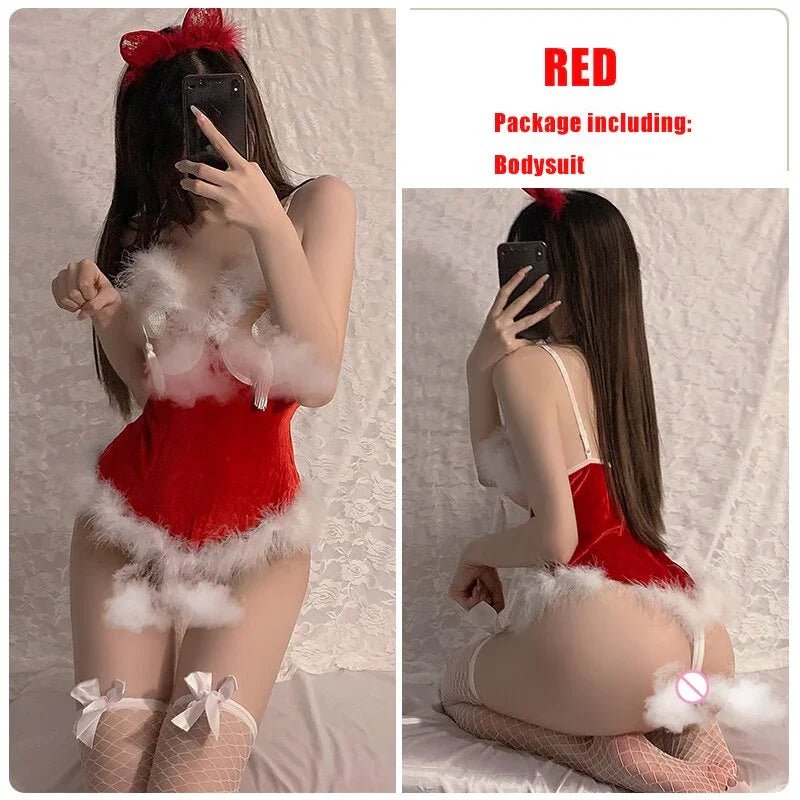 Sexy Dessous Rot Weihnachten Cosplay Kostüme Tempatation Aushöhlen V-ausschnitt Plüsch Body Mit Unterwäsche Dessous Sets | tif-shop24.de