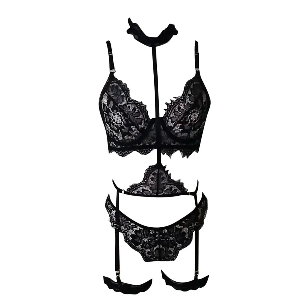 Sexy Schwarzer Spitze Dessous Set Frauen Babydoll Unterwäsche Set Taille Strumpfbänder Push-Up Bh Kurze Tanga Panty Anzug mit Halsband | tif-shop24.de