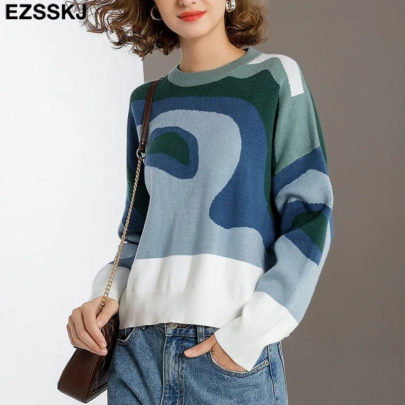 EZSSKJ Color Block Drop Shoulder Pullover Croped Pullover Pullover lose Pullover Pullover Langarm | tif-shop24.de