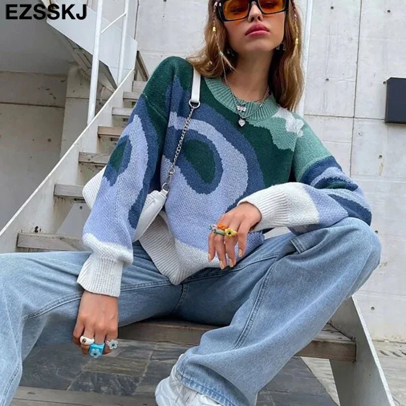 EZSSKJ Color Block Drop Shoulder Pullover Croped Pullover Pullover lose Pullover Pullover Langarm - tif-shop24.de
