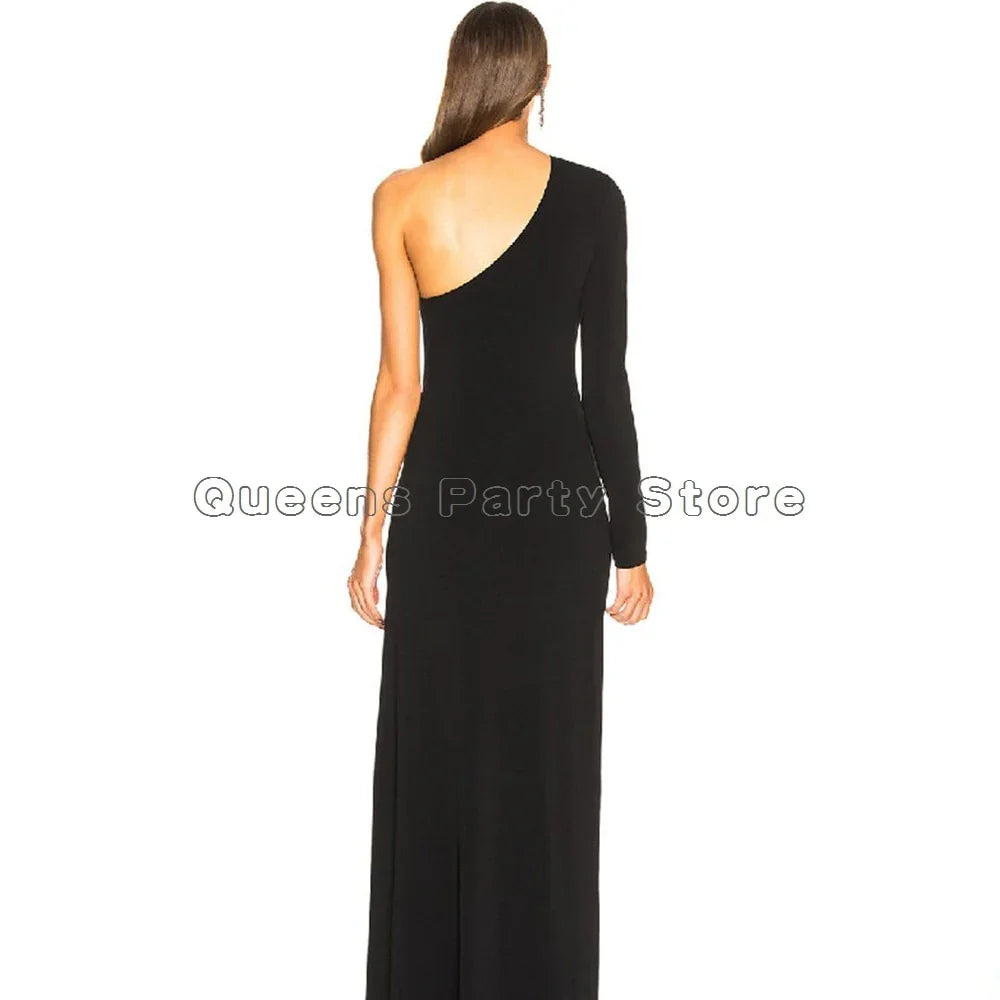 Sexy Schwarzes Abendkleid One Shoulder Langarm Lange Seitenschlitz Partykleid | tif-shop24.de