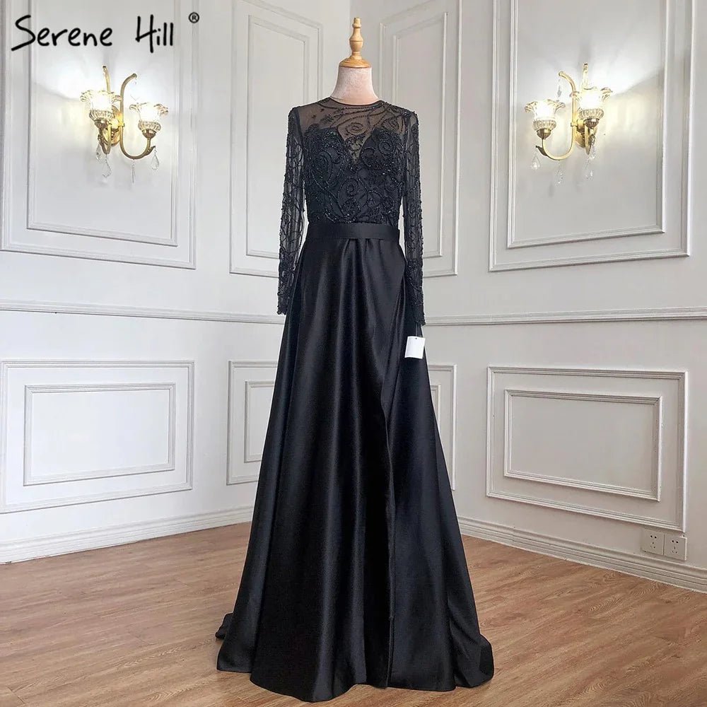 Ruhigen Hill Satin Schwarz A-Line Abendkleider Perlen Schärpen Sexy | tif-shop24.de