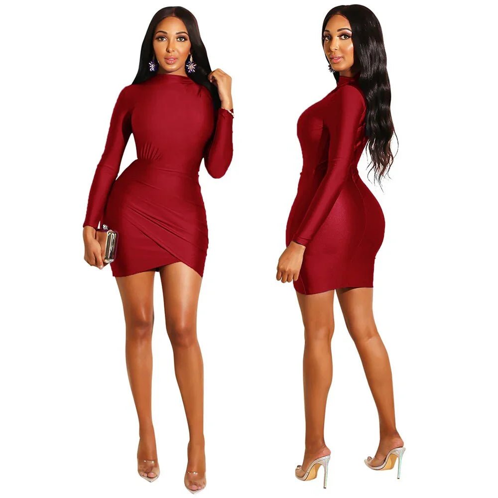ANJAMANOR  Langarm Verband Kleid Elegante Sexy Geraffte Mini Bodycon Kleider Frau Party Nacht Clubwear | tif-shop24.de