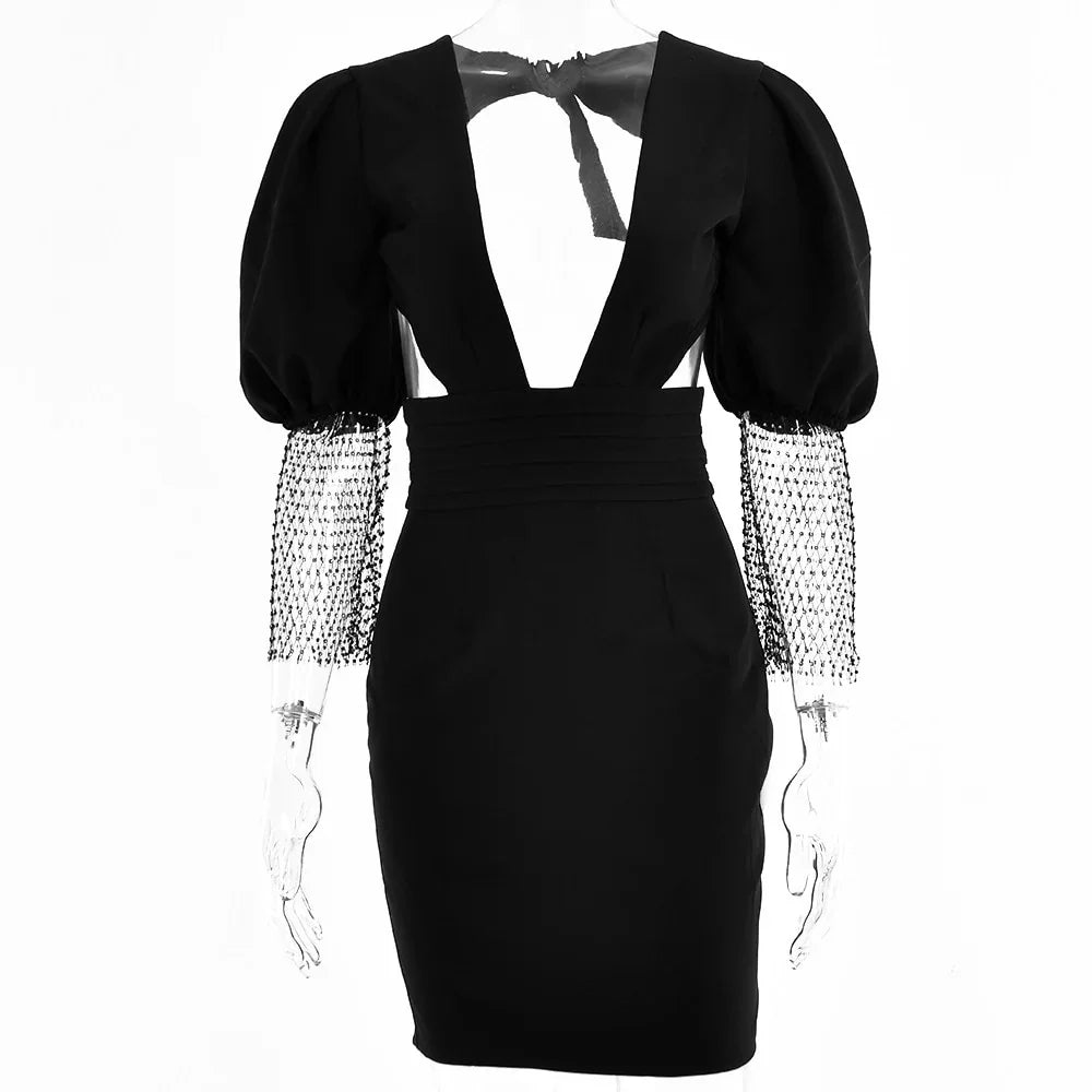 Articat Sexy Kristall Diamant Hülse Bodycon Kleid Elegante Backless Mini Kleid High Street Schwarz Tiefem V-ausschnitt Vestidos - tif-shop24.de