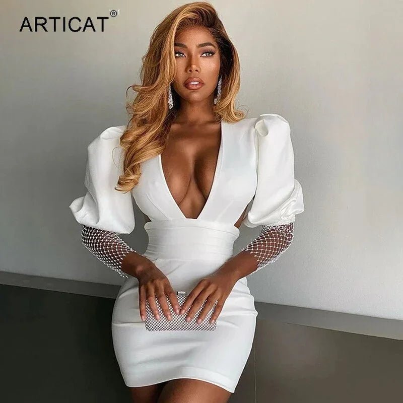 Articat Sexy Kristall Diamant Hülse Bodycon Kleid Elegante Backless Mini Kleid High Street Schwarz Tiefem V-ausschnitt Vestidos | tif-shop24.de