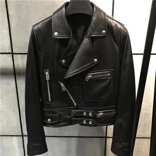 Echte Schafe Leder Jacke Schlank Voll Sleeve Kurz Schwarz Natürliche Lammfell - tif-shop24.de