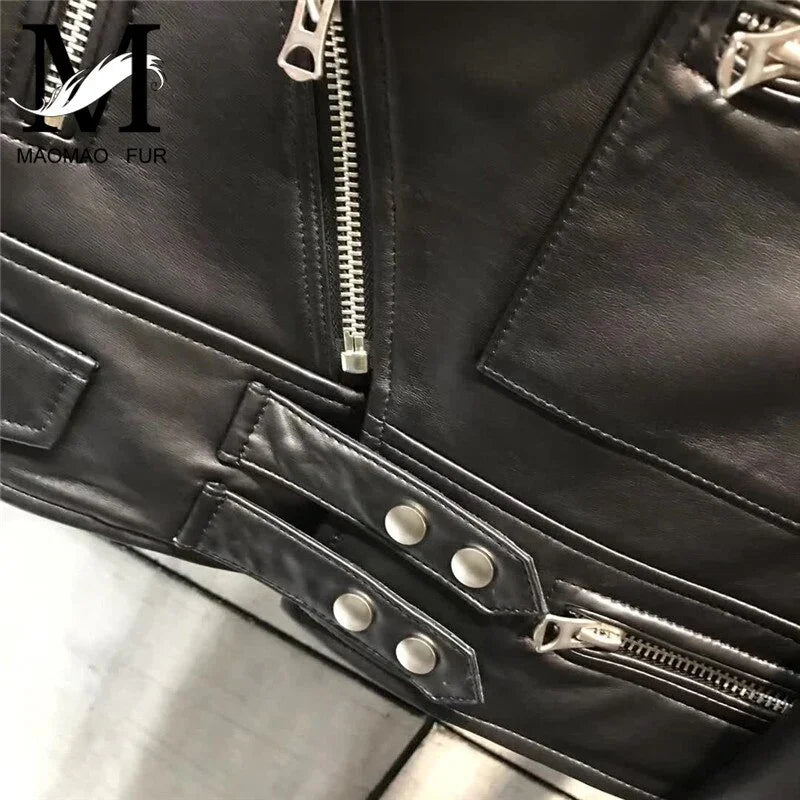 Echte Schafe Leder Jacke Schlank Voll Sleeve Kurz Schwarz Natürliche Lammfell | tif-shop24.de