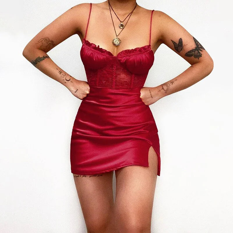 Frauen Sommer Mini Schlinge Kleid Mode Einfarbig Ärmelloses Backless Spitze Nähte Spaghetti Strap Kleid | tif-shop24.de