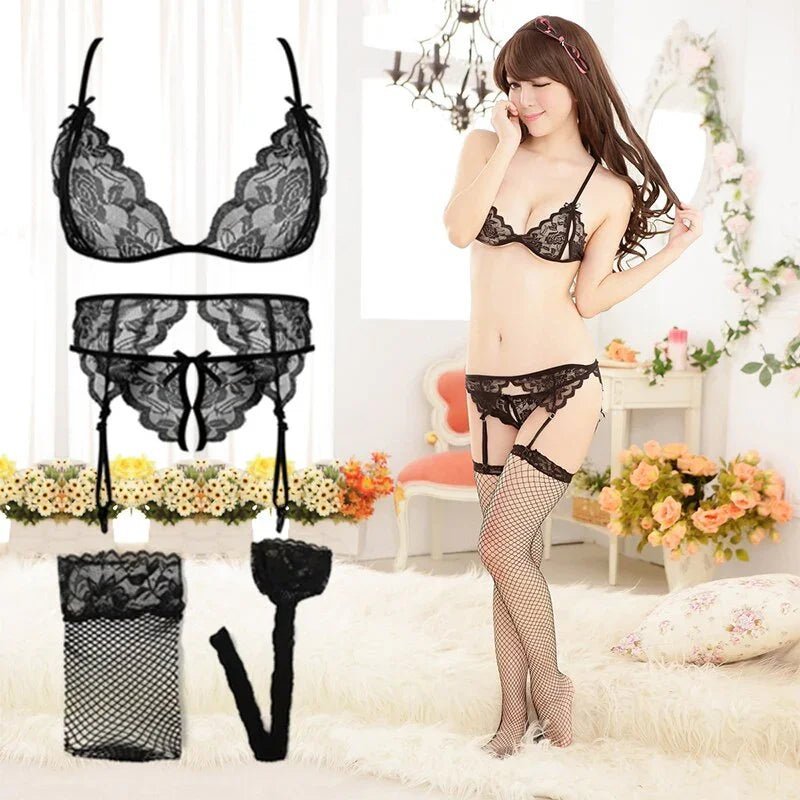 Lenceria Sexy Dessous Set Spitze Babydoll Offenen Bh Und Panty Strumpfbänder Fishnet Strümpfe Unterwäsche Kurze set | tif-shop24.de