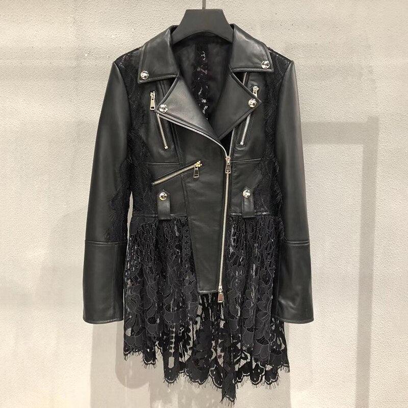 Neue Frühjahr Echtem Leder Jacke Dünne Frauen Spitze Saum 100% Echt Leder Mantel mit Zipper Lokomotive Stil - tif-shop24.de