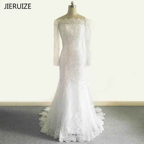 JIERUIZE Weiß Spitze Appliques Meerjungfrau Hochzeit Kleider Boot Neck Brautkleider | tif-shop24.de