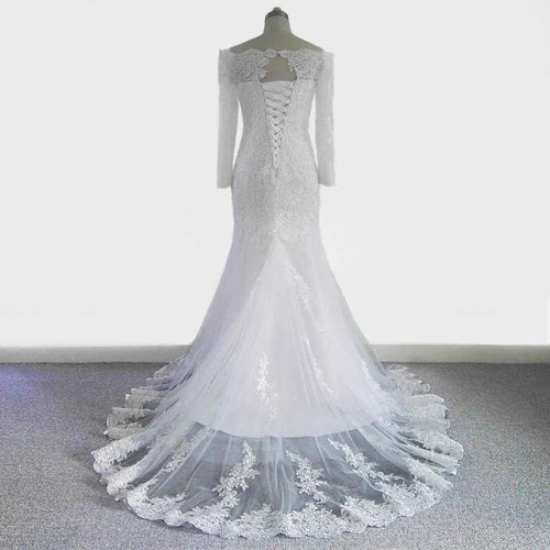 JIERUIZE Weiß Spitze Appliques Meerjungfrau Hochzeit Kleider Boot Neck Brautkleider | tif-shop24.de