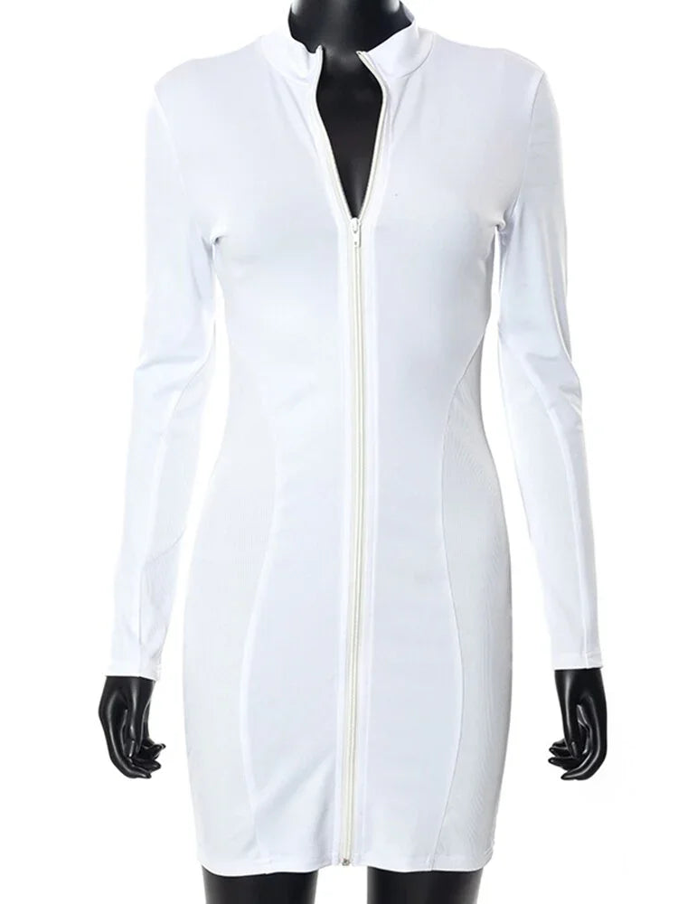 Articat Platz Kragen Kleid Sexy Langarm Weiß Elegante Kleidung Dünne Hohe Taille Einzigen Reißverschluss Mini Kleid | tif-shop24.de