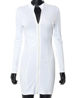 Articat Platz Kragen Kleid Sexy Langarm Weiß Elegante Kleidung Dünne Hohe Taille Einzigen Reißverschluss Mini Kleid | tif-shop24.de